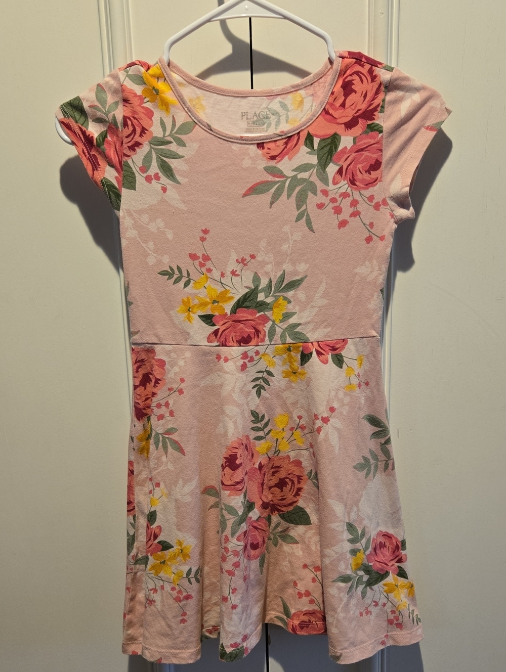Place Pink Floral Short-Sleeve Fit-and-Flare Dress with Yellow Blooms